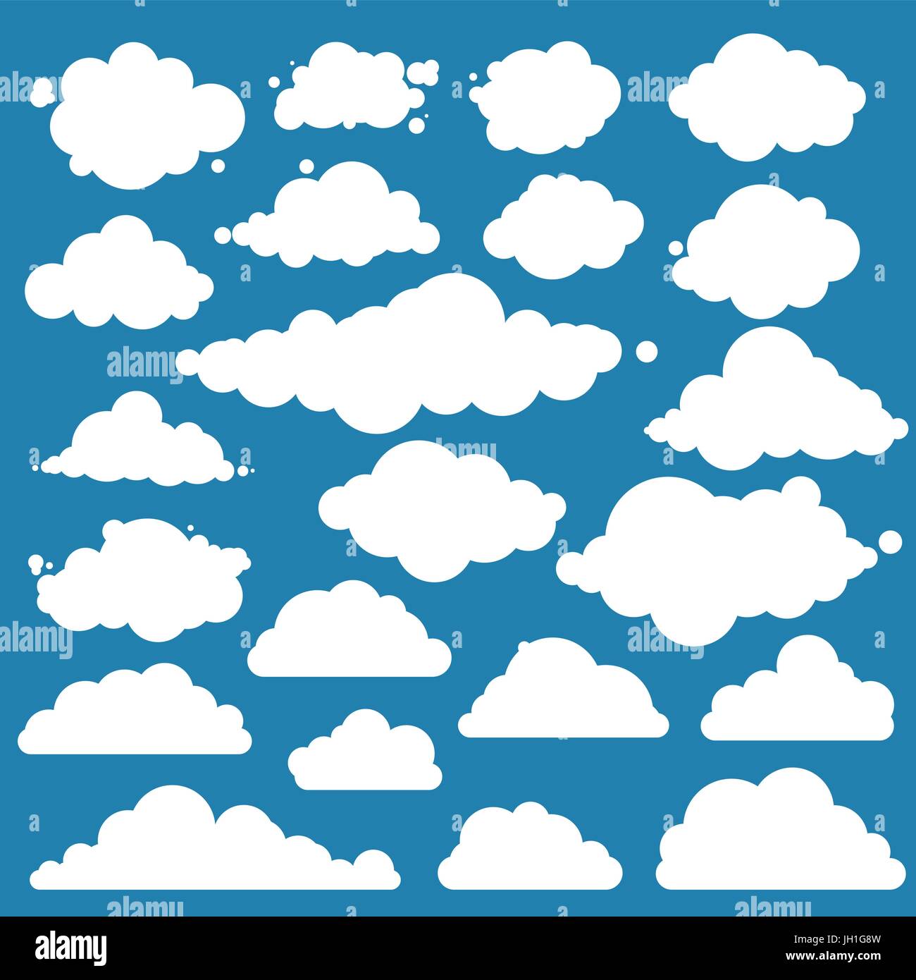 Impostare per il cielo blu e nuvole diverse icone, forma di cloud, etichetta, simbolo del logo. Grafica piana degli elementi del vettore Illustrazione Vettoriale
