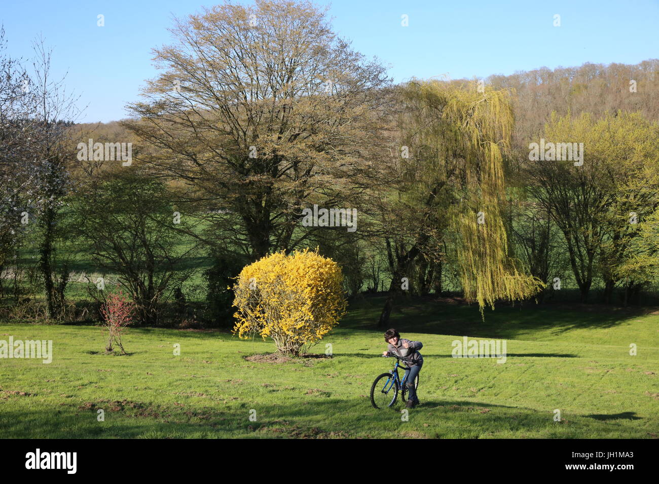 Ragazzo spingendo una bici in giardino. La Francia. Foto Stock