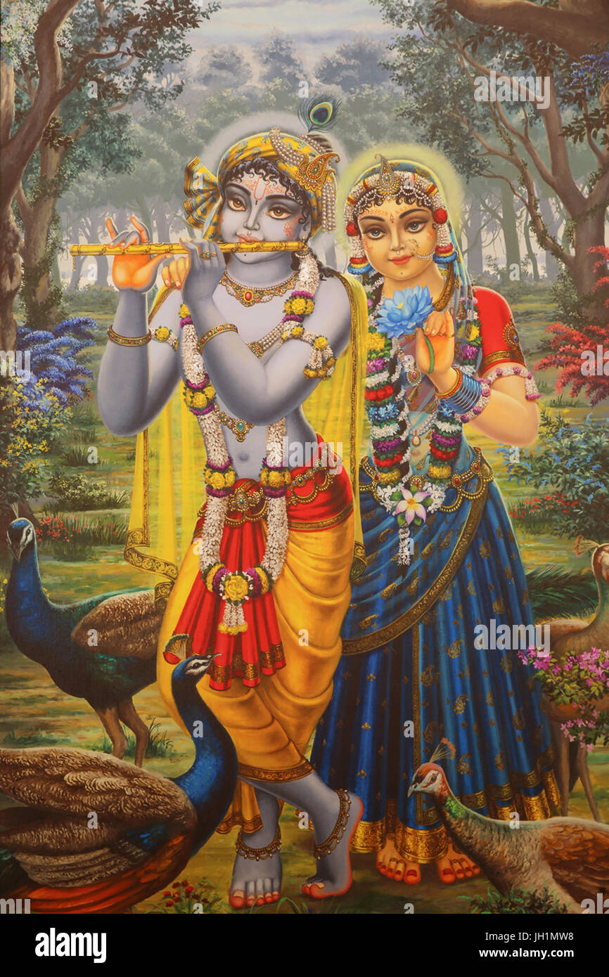 Dipinto raffigurante il dio Hindu Krishna con Radha. India. Foto Stock