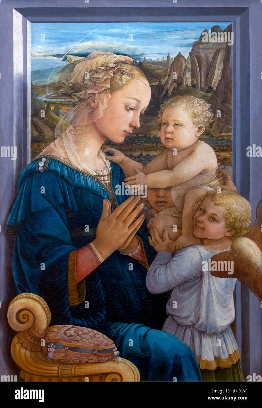 Madonna col Bambino e due Angeli di Filippo Lippi, circa 1465 , la Galleria degli Uffizi, Firenze, Toscana, Italia, Europa Foto Stock