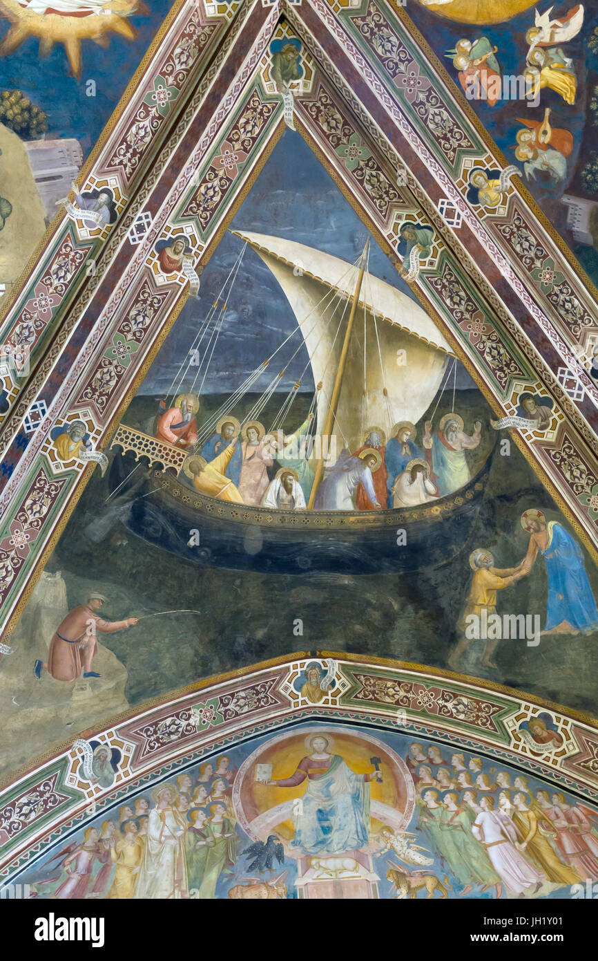La salvezza di Pietro, San Pietro nave in una tempesta, affreschi di Andrea di Bonaiuto, 1365-1367, cappella absidale, o Cappella Spagnola, Santa Maria Novella, Flo Foto Stock