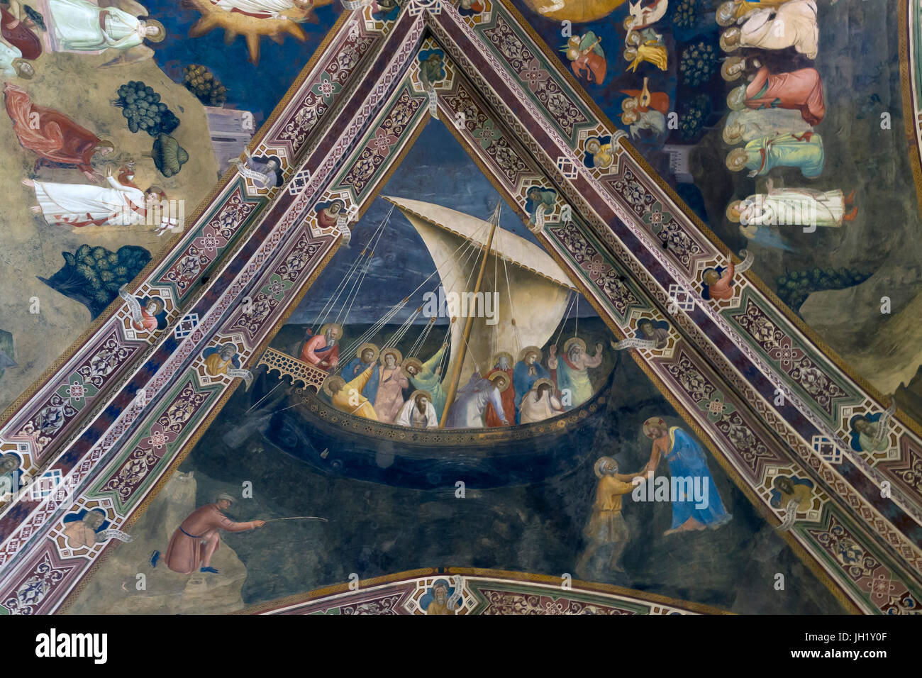 La salvezza di Pietro, San Pietro nave in una tempesta, affreschi di Andrea di Bonaiuto, 1365-1367, cappella absidale, o Cappella Spagnola, Santa Maria Novella, Flo Foto Stock