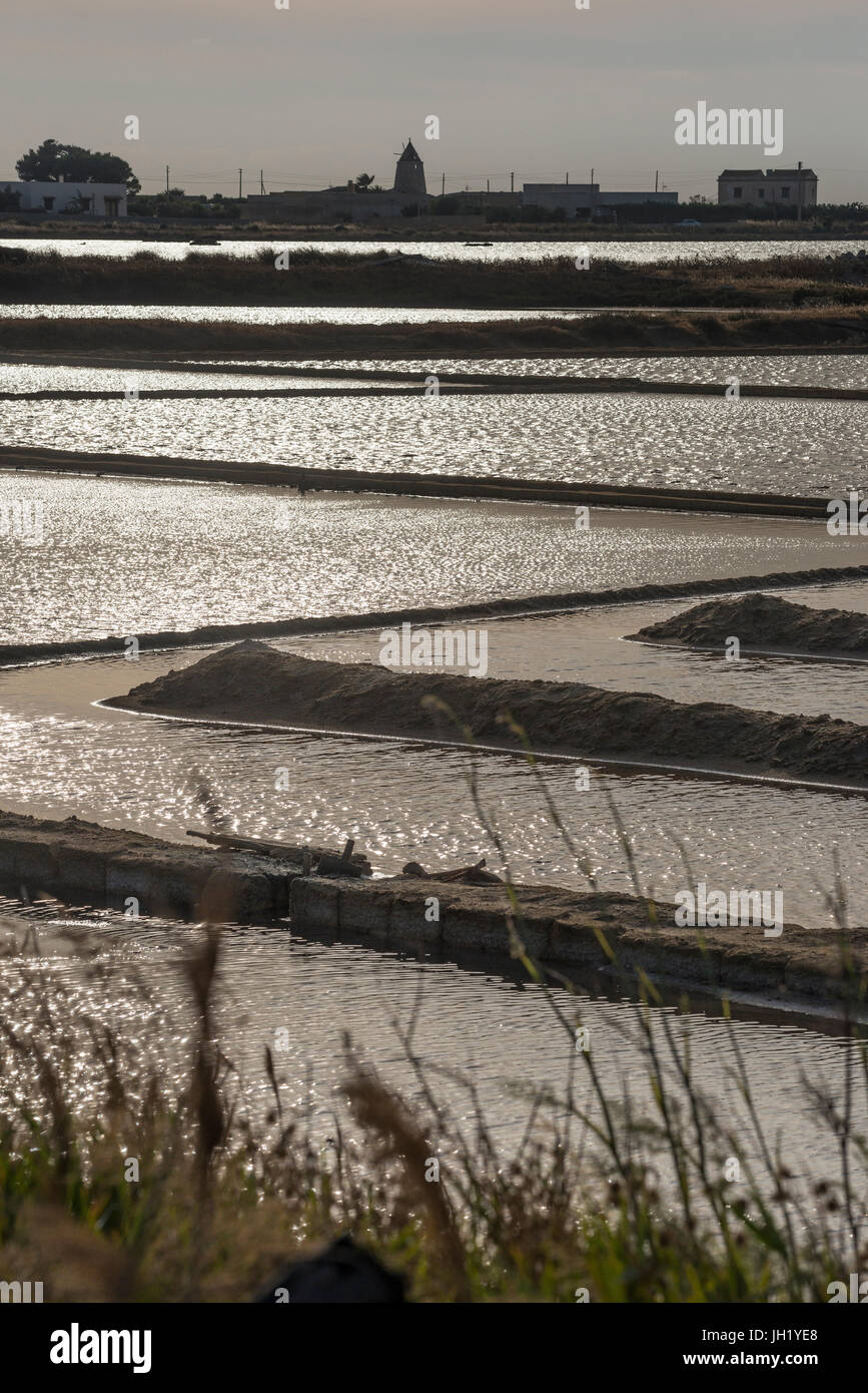 La luce del sole che riflette sulle saline presso la riserva naturale vicino a Nubia, a sud di Trapani, sulla costa occidentale della Sicilia, Italia. Foto Stock