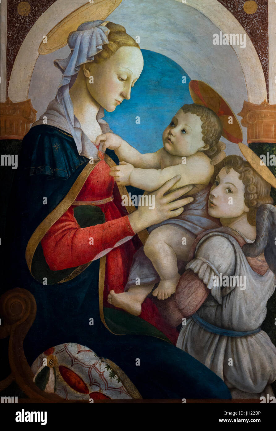Madonna con Bambino e Angelo, di Sandro Botticelli, circa 1465, Ospedale degli Innocenti, Firenze, Toscana, Italia, Europa Foto Stock