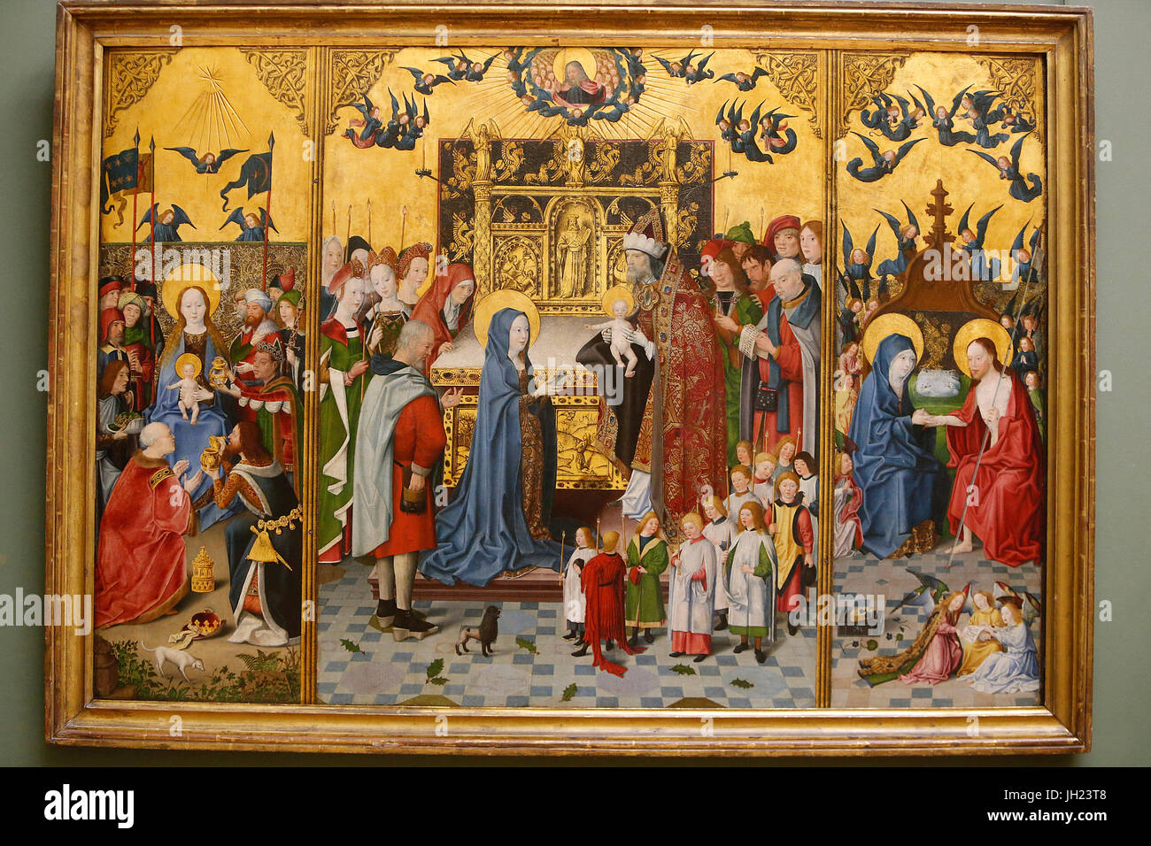 Il museo del Louvre. Adorazione dei Magi, la Presentazione al tempio e Gesù Cristo che appare a Maria. Pala, c.1480. Maestro di Sainte ParentŽ. Foto Stock