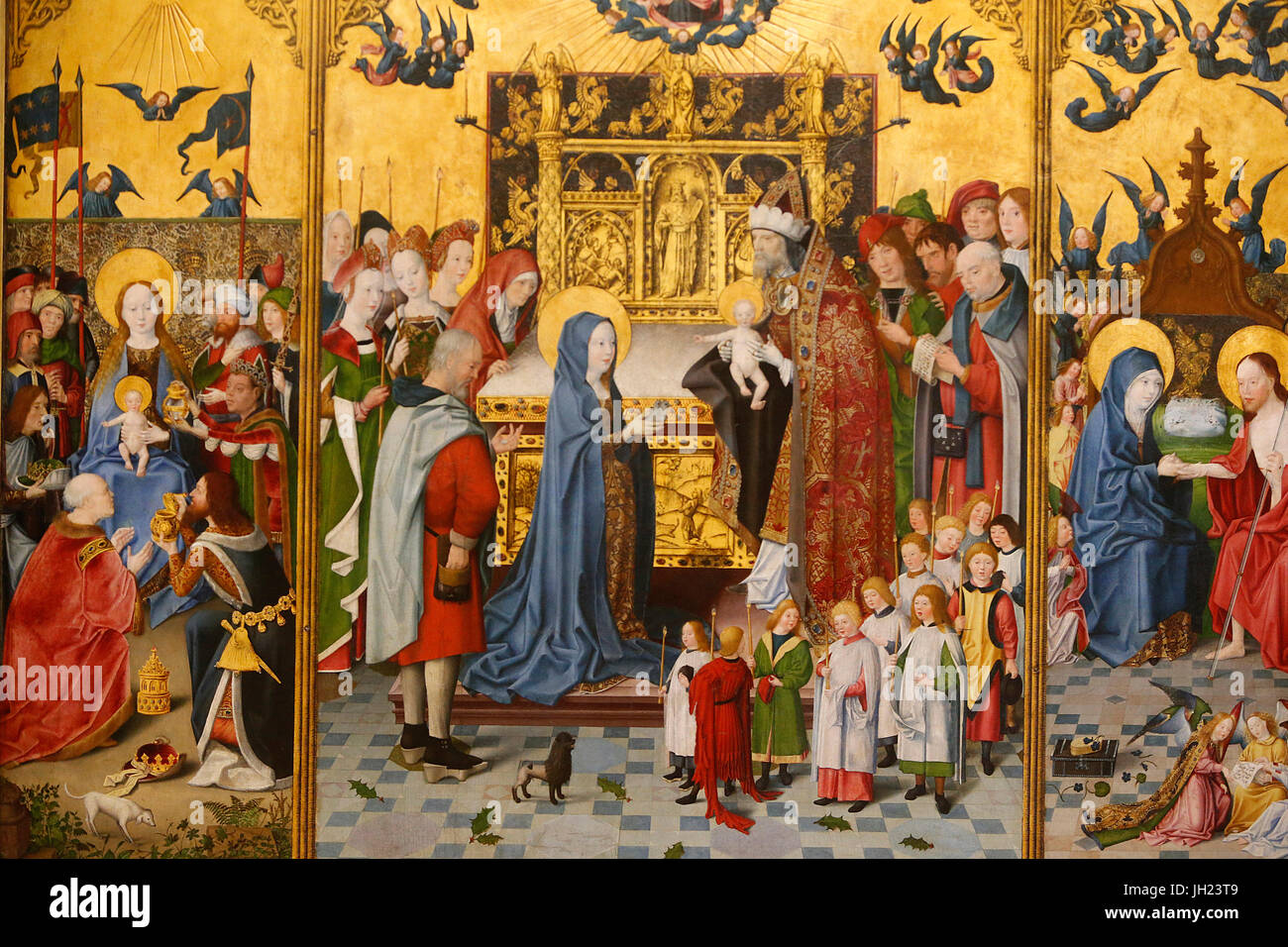 Il museo del Louvre. Adorazione dei Magi, la Presentazione al tempio e Gesù Cristo che appare a Maria. Pala, c.1480. Maestro di Sainte ParentŽ. Foto Stock