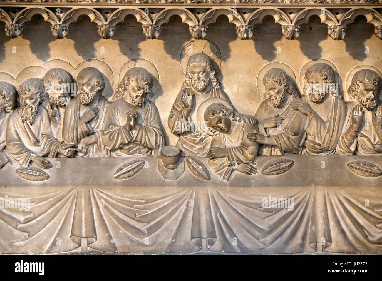 La cattedrale di Notre Dame, Rouen. Ultima Cena rilievo. La Francia. Foto Stock