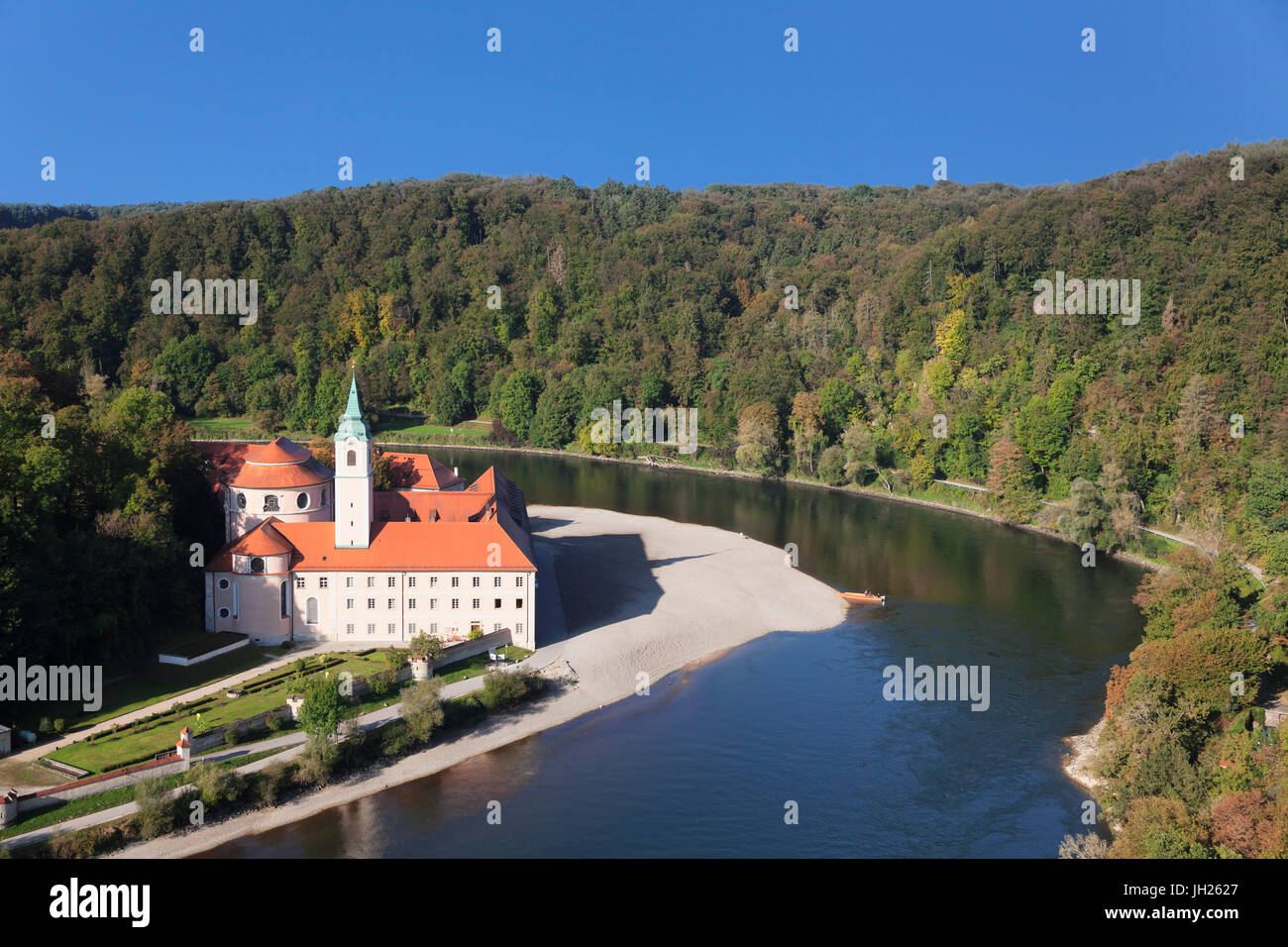 Monastero di Weltenburg, Danubio vicino a Kelheim, Baviera, Germania, Europa Foto Stock
