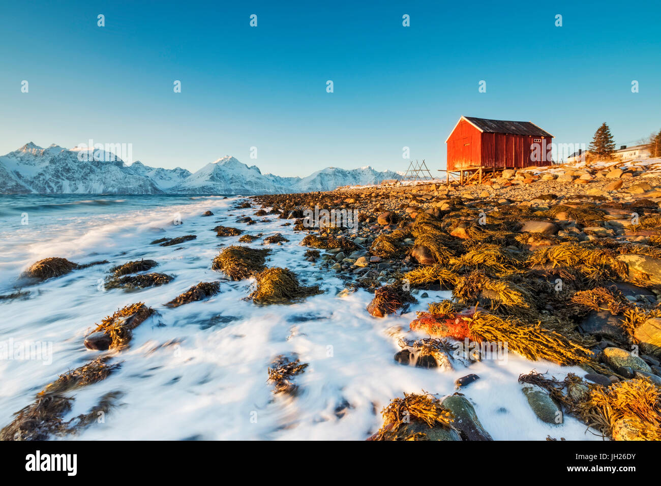 Tipica capanna in legno chiamato Rorbu circondata dalle onde del mare freddo e vette innevate, Djupvik, Alpi Lyngen, Troms, Norvegia Foto Stock