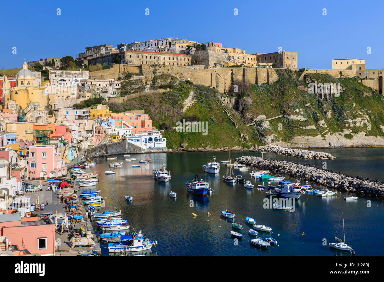 Marina Corricella, grazioso villaggio di pescatori, barche sotto Terra Murata acropoli fortezza, Isola di Procida e della baia di Napoli, Italia Foto Stock