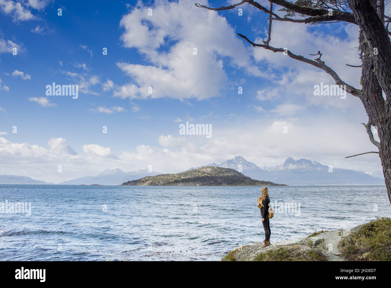 Donna che guarda fuori oltre il Magellan Straits e Darwin Mountain Range in Tierra del Fuego National Park, Argentina Foto Stock