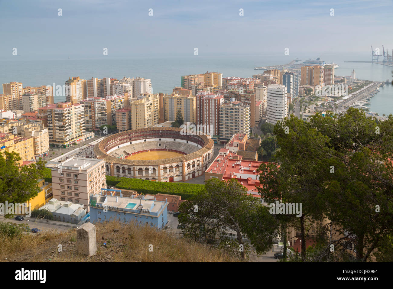 Vista di Plaza de Toros dalle rovine del castello moresco sulla vetta del monte Gibralfaro, Malaga, Costa del Sol, Andalusia, Spagna Foto Stock