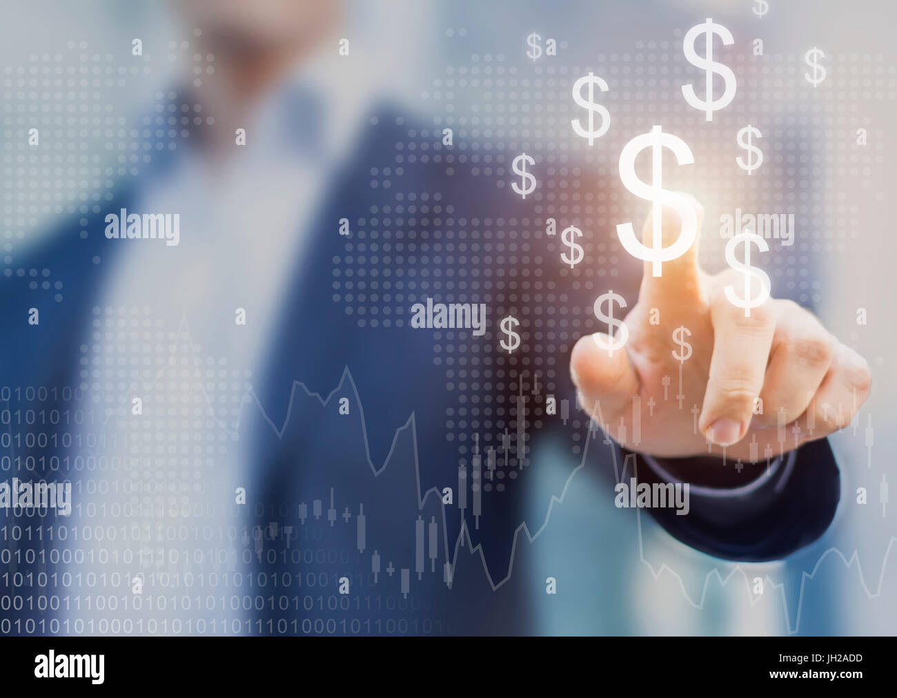 Il successo finanziario internazionale il concetto di investimento con il business la persona che mostra la crescita, grafici e il simbolo del dollaro, la tecnologia digitale Foto Stock