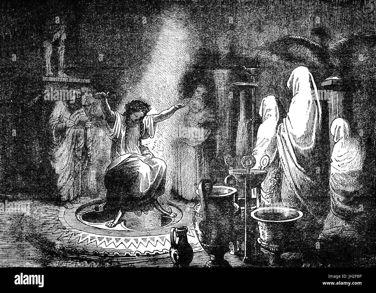 Delphi - il Pythian Sacerdotessa che anche servito come oracle su treppiede in Il Tempio di Apollo. La Pythia è stato stabilito al più tardi nel VIII secolo A.C. ed è stata ampiamente accreditato per le sue profezie ispirato da essere riempita dallo Spirito di Dio (o enthusiasmos), in questo caso Apollo. Il Pythian sacerdotessa è emersa la preminente entro la fine del settimo secolo a.c. e dovrebbe continuare ad essere consultato fino al IV secolo d.c. Foto Stock