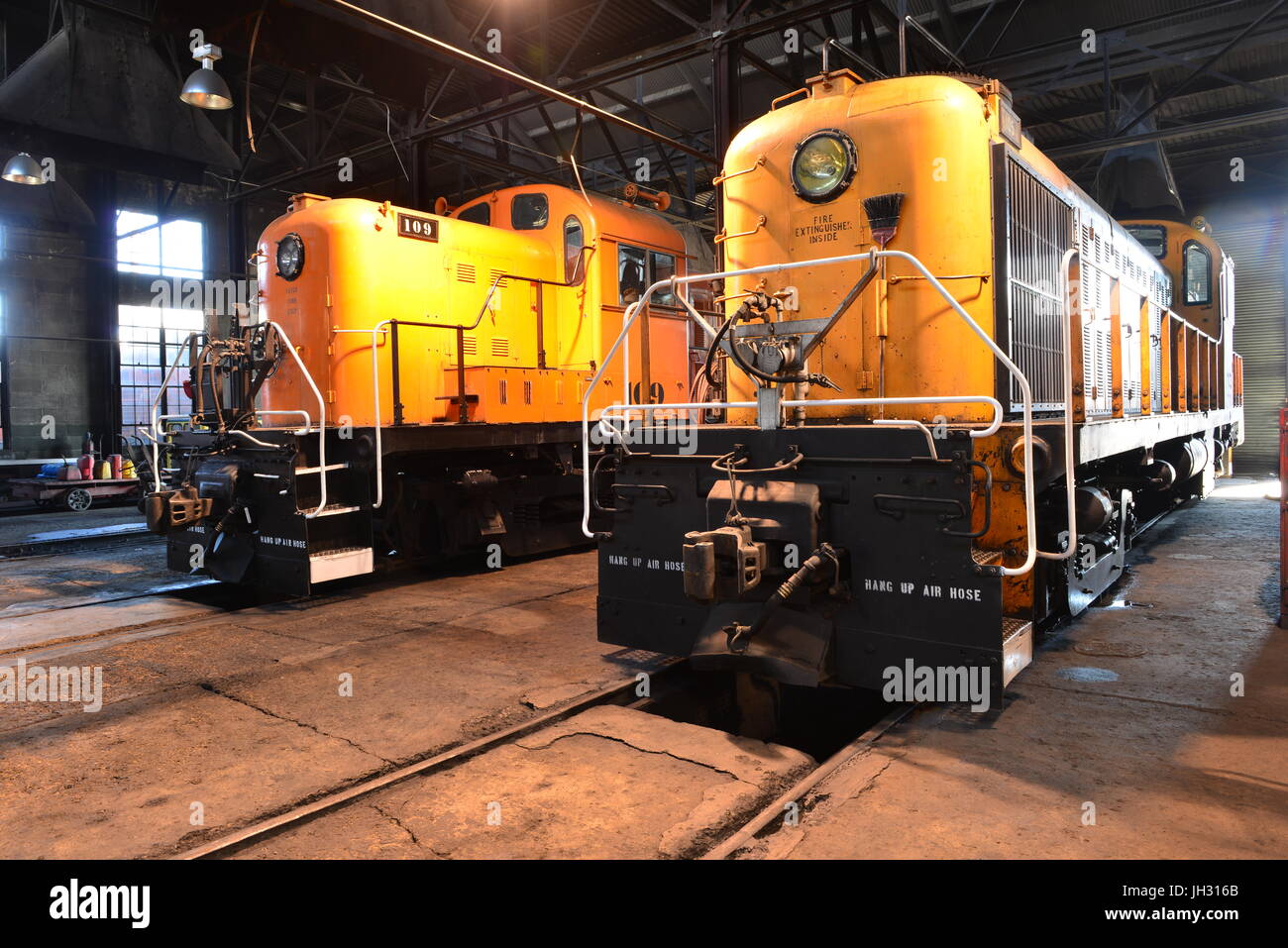 Coppia di vintage locomotive diesel in un motore passo in America. Foto Stock