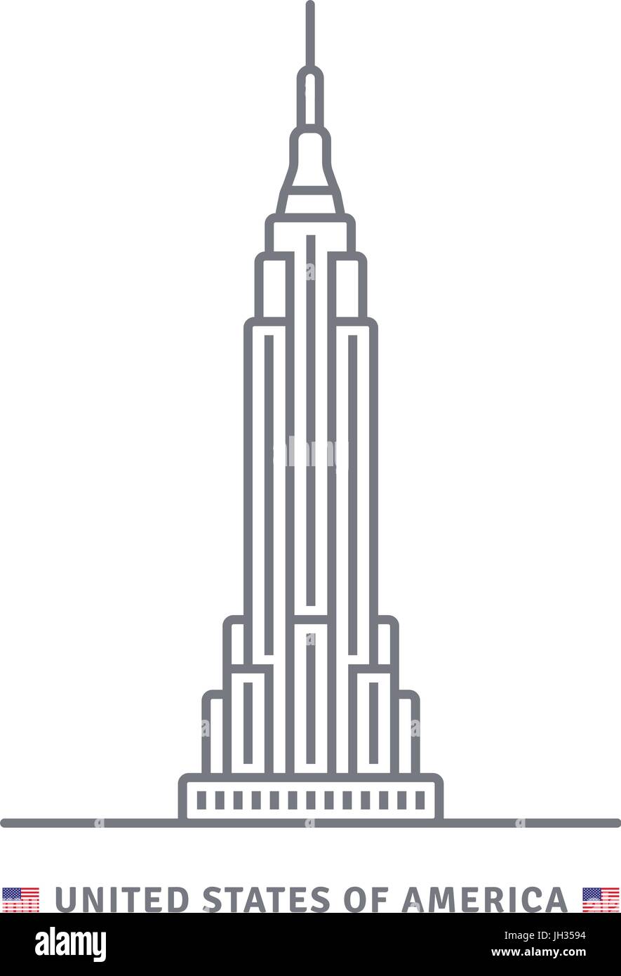 Stati Uniti d'America line icona. Empire State Building e noi bandiera illustrazione vettoriale. Illustrazione Vettoriale