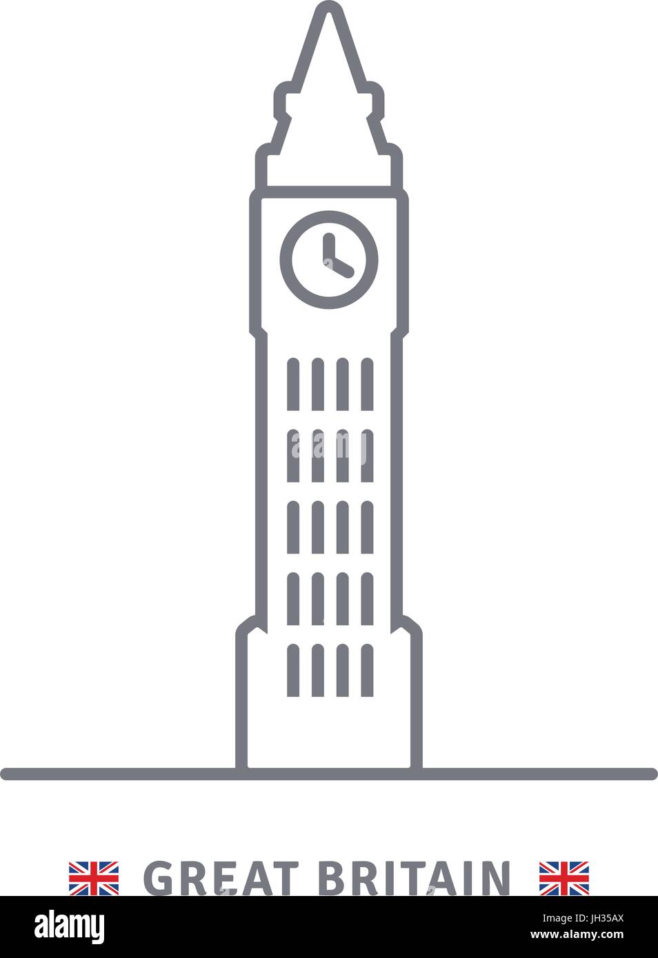 Gran Bretagna icona linea. Il Big Ben e la bandiera britannica illustrazione vettoriale. Illustrazione Vettoriale
