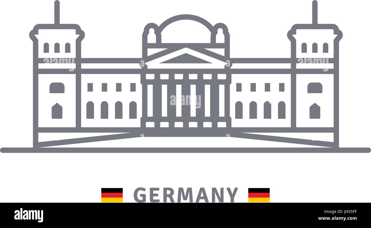 Germania icona linea. Il palazzo del Reichstag e la bandiera tedesca illustrazione vettoriale. Illustrazione Vettoriale