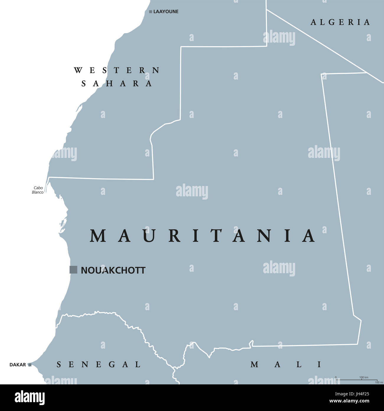 La Mauritania mappa politico con capitale Nouakchott. Repubblica islamica e paese arabo nella regione del Maghreb dell Africa Occidentale. Illustrazione di grigio. Foto Stock