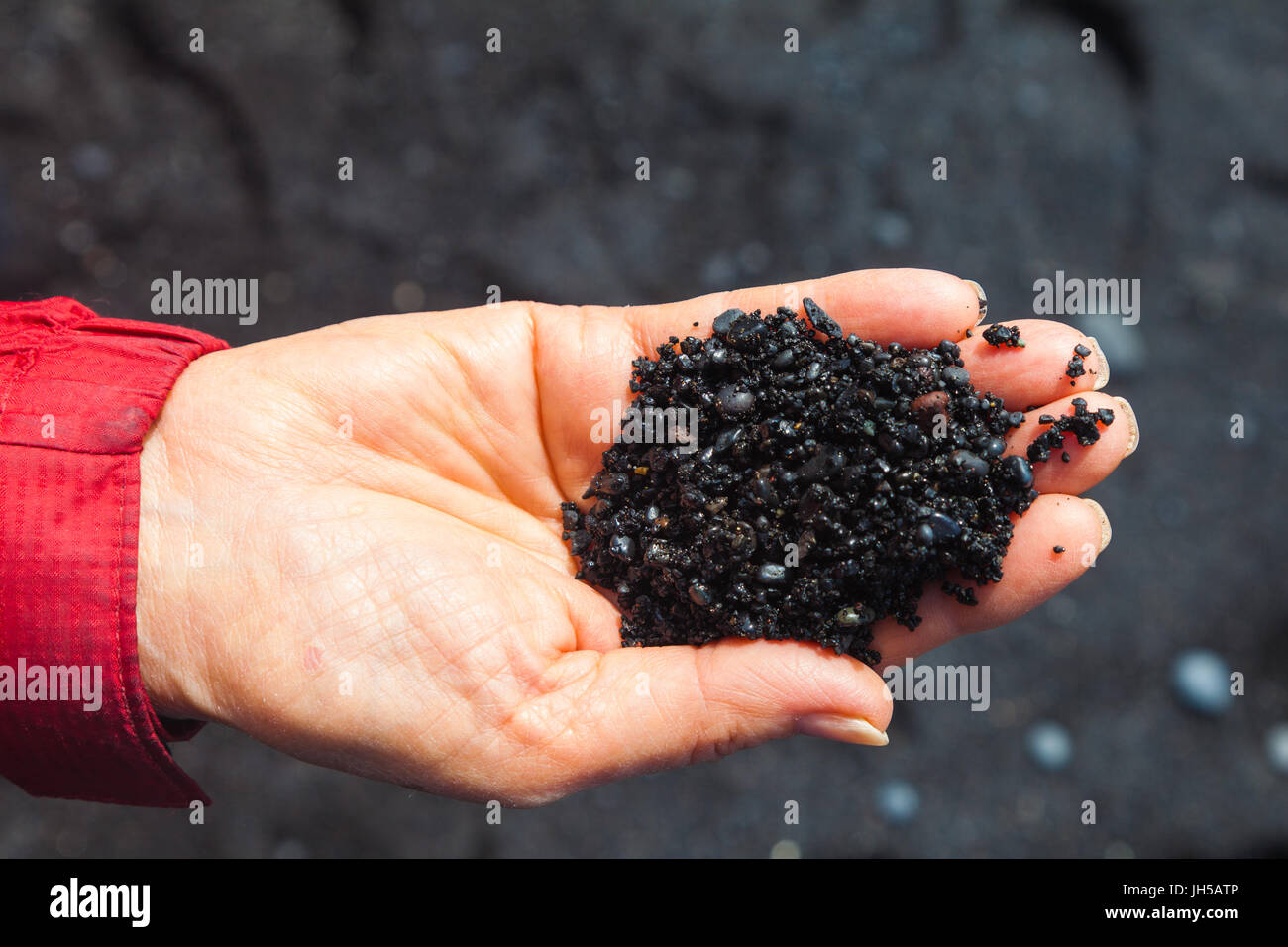 Donna di mano che tiene il nero della sabbia e della ghiaia da spiaggia Reynisfjara in Islanda Foto Stock