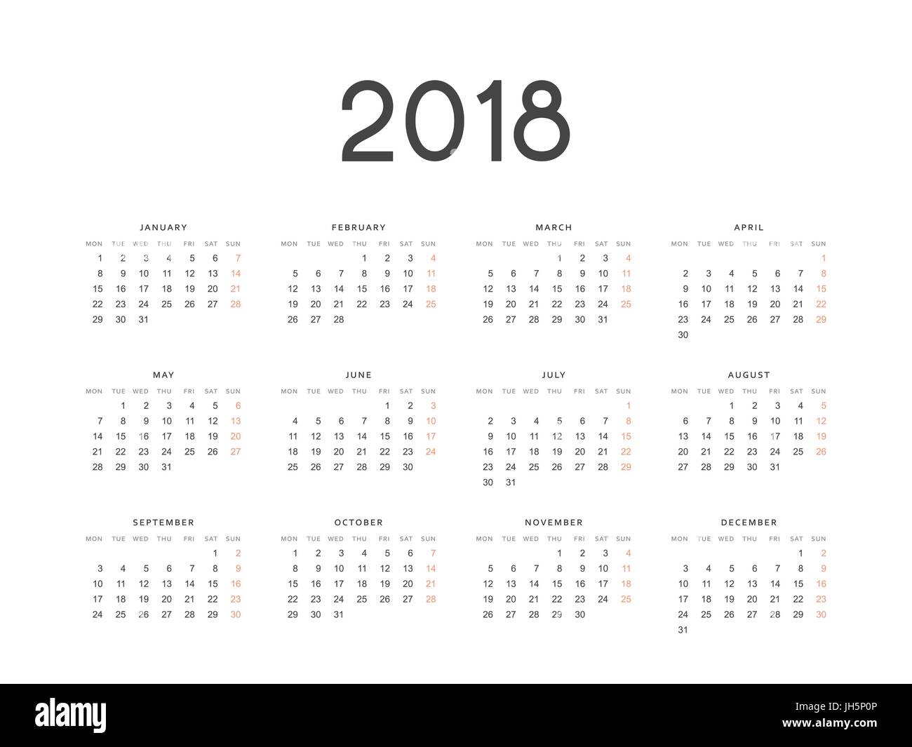 Calendario europeo è un semplice modello per 2018 Illustrazione Vettoriale