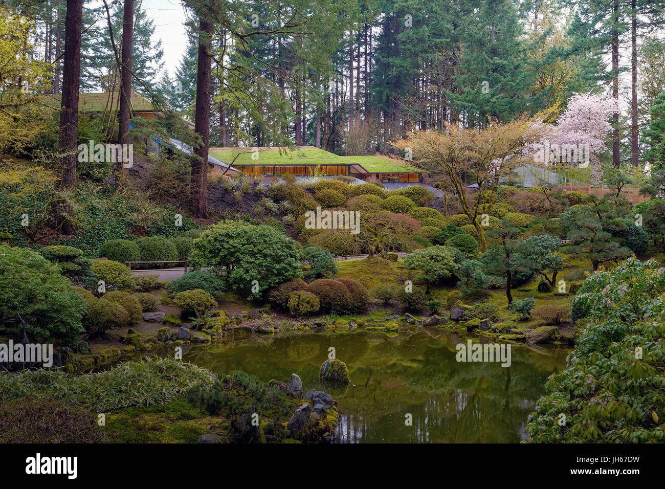 Portland giardino giapponese con la riflessione nel lago durante la stagione primaverile Foto Stock