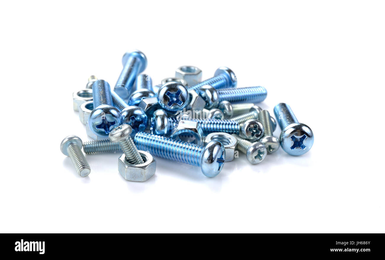 Viti e dadi su sfondo bianco Foto Stock