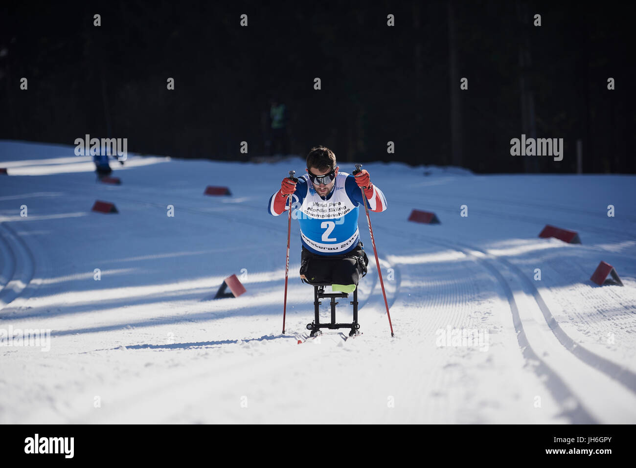 Steven Arnold di Gran Bretagna a IPTC Para Mondiali di Sci Nordico in Finsterau, Germania Foto Stock