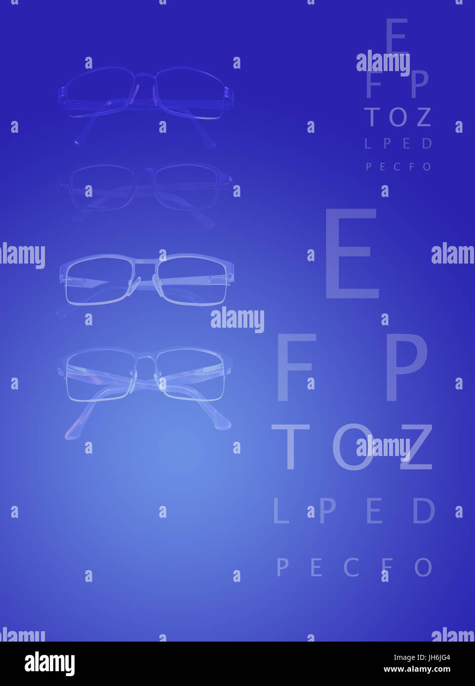 Immagine di sfondo che mostra quattro paia di occhiali e di lettere da parte di un occhio grafico di test di dissolvenza in entrata di un laureato sfondo blu Foto Stock