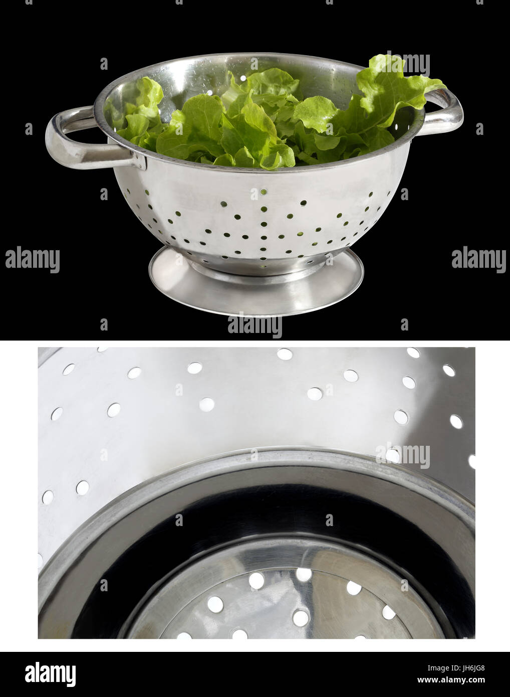 "Indovinare che cosa è immagine di uno scolapasta con una spiegazione la foto mostra il colapasta riempito con lattuga Foto Stock