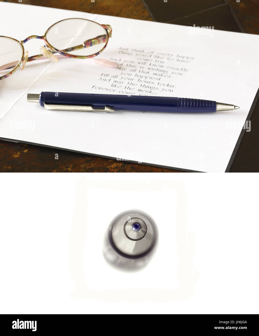 Un 'indovinare che cosa è' immagine di una penna a sfera con una spiegazione la foto mostra la penna e gli occhiali da lettura su un biglietto di auguri Foto Stock