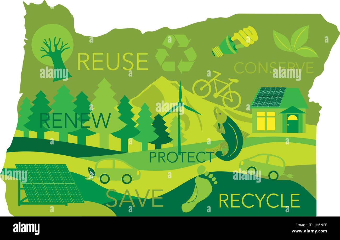 Stato dell'Oregon paesaggio con Del Monte Cofano alberi ambiente salmone Eco Friendly simboli e testo nel contorno della mappa immagine Illustrazione Vettoriale