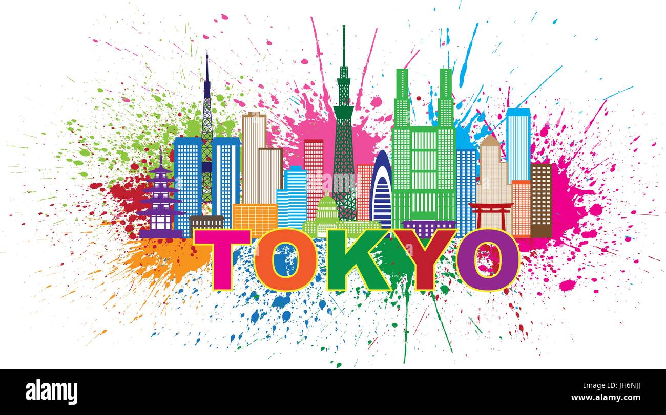Tokyo Giappone skyline della città Panorama spruzzi di vernice Splatter Silhouette Illustrazione a colori Illustrazione Vettoriale