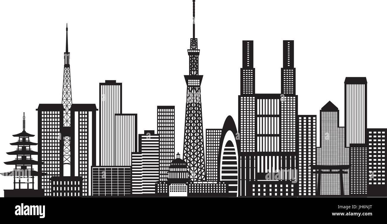 Tokyo Giappone skyline della città Panorama in bianco e nero di Silhouette illustrazione di contorno Illustrazione Vettoriale
