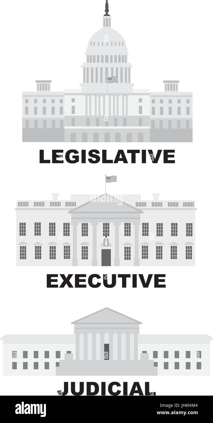 Tre rami del governo degli Stati Uniti legislativa giudiziaria esecutiva edifici illustrazione in scala di grigi Illustrazione Vettoriale