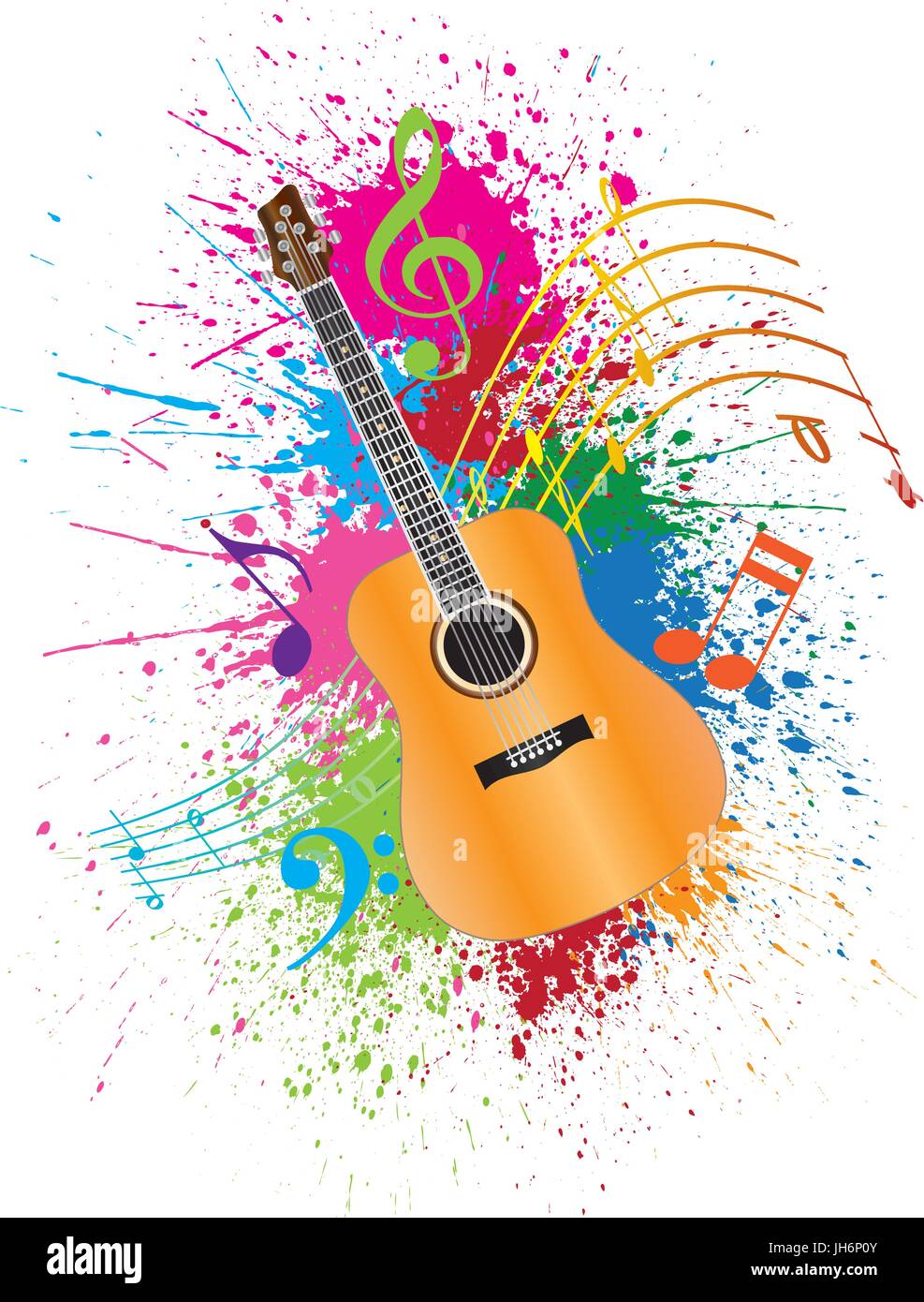 Chitarra acustica con note musicali e spruzzi di vernice effetto astratto Illustrazione a colori Illustrazione Vettoriale