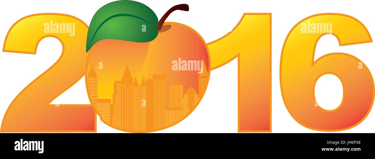 2016 Anno Nuovo Atlanta in Georgia dello skyline della città nello stato ufficiale di frutta Pesche Schema numeri di Silhouette Illustrazione a colori Illustrazione Vettoriale