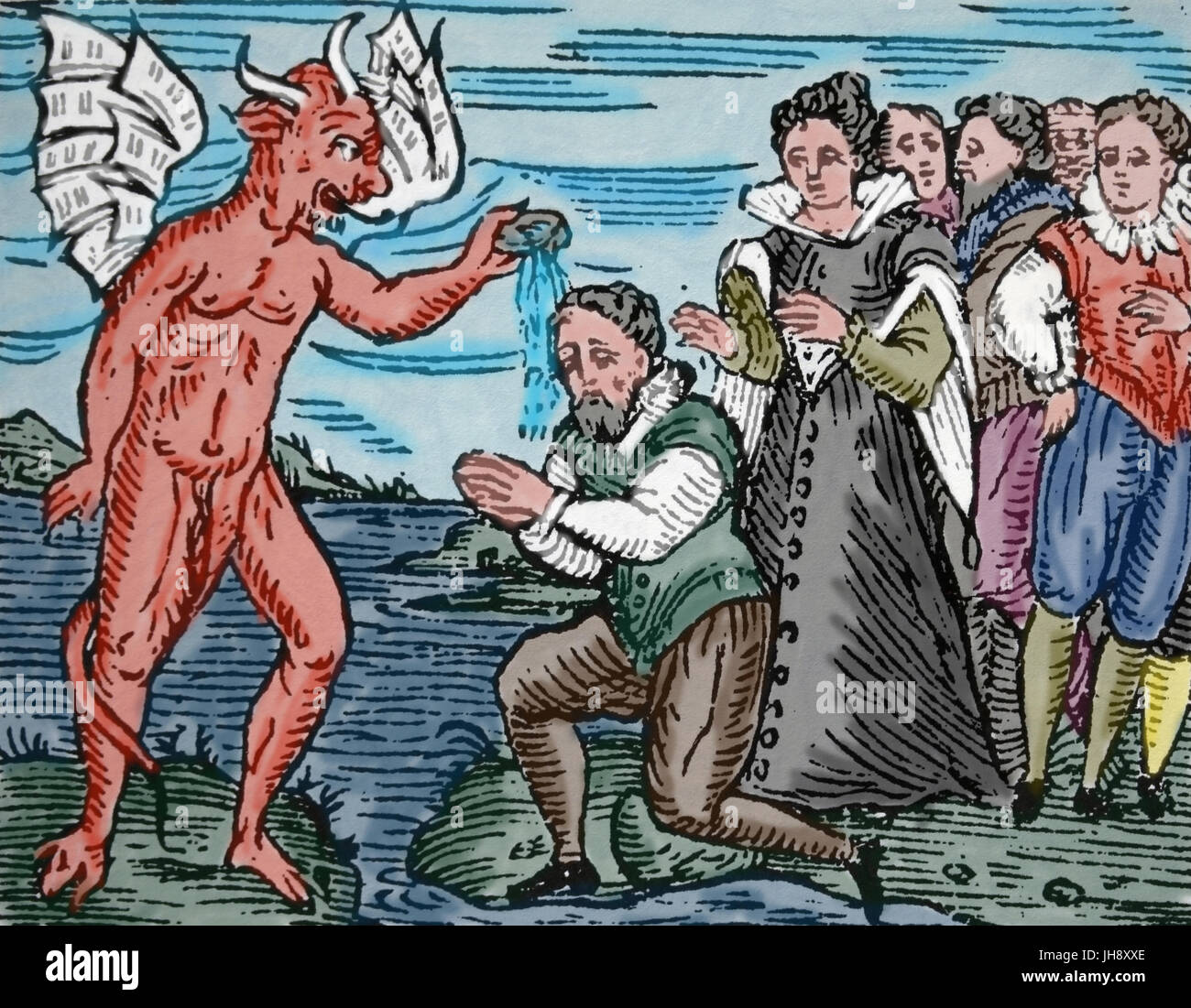 Satana rebaptizing giovani stregoni. Il XVII secolo. Incisione, colore. Foto Stock