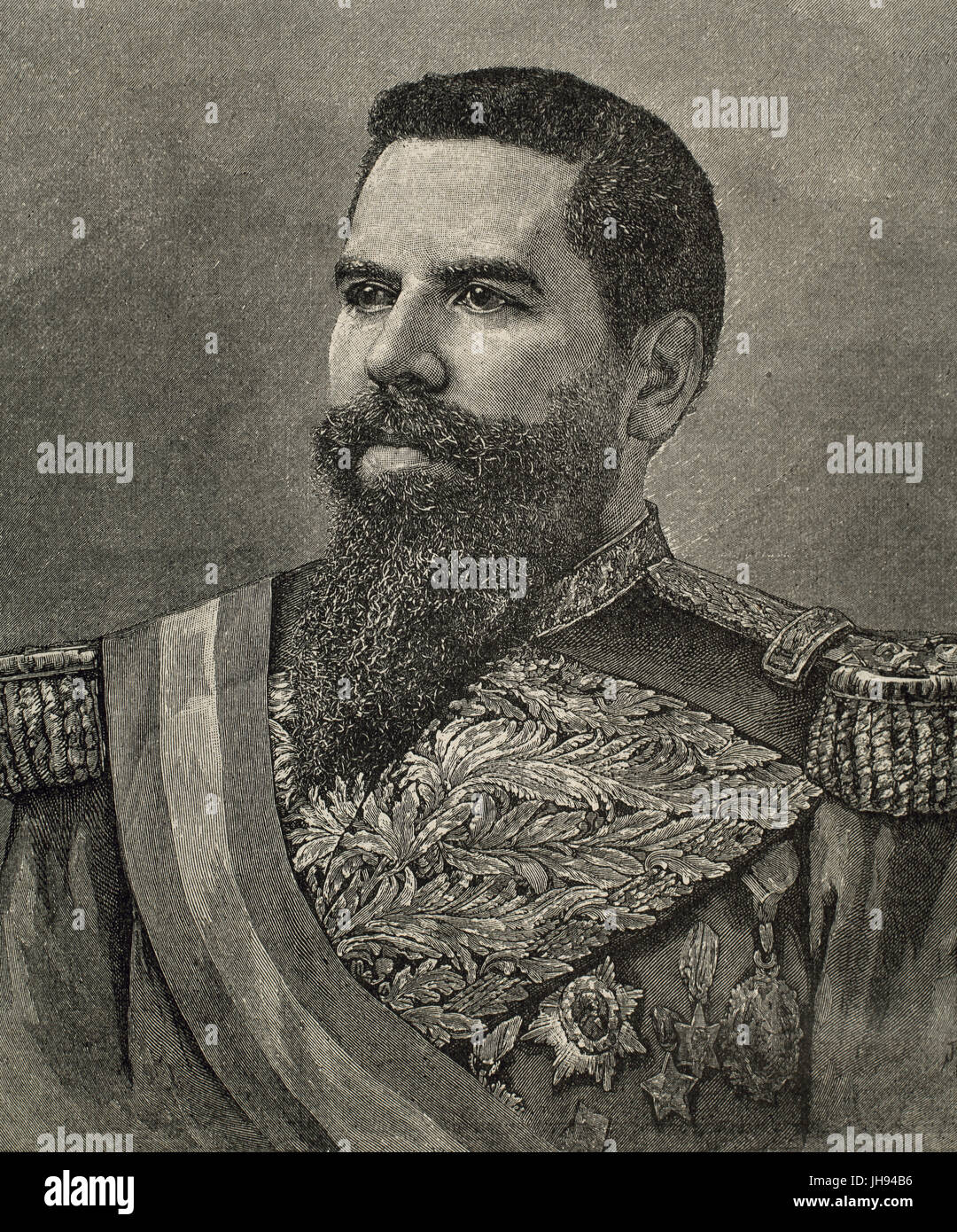 Joaquin Crespo (1841-1898). Il presidente del Venezuela. Incisione di Romeu, xix secolo. Foto Stock