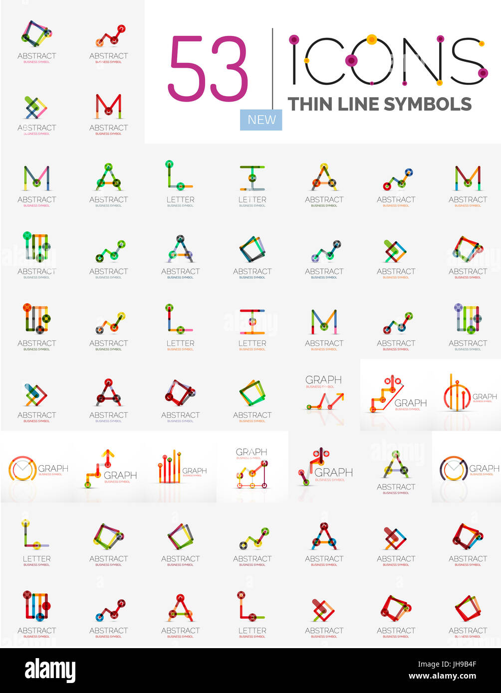 Raccolta di lineare di loghi aziendali - i grafici di lettere e astratto forme universale. Crescente stats finanziare i concetti, pulito e moderno, simboli grafici. La crusca Foto Stock