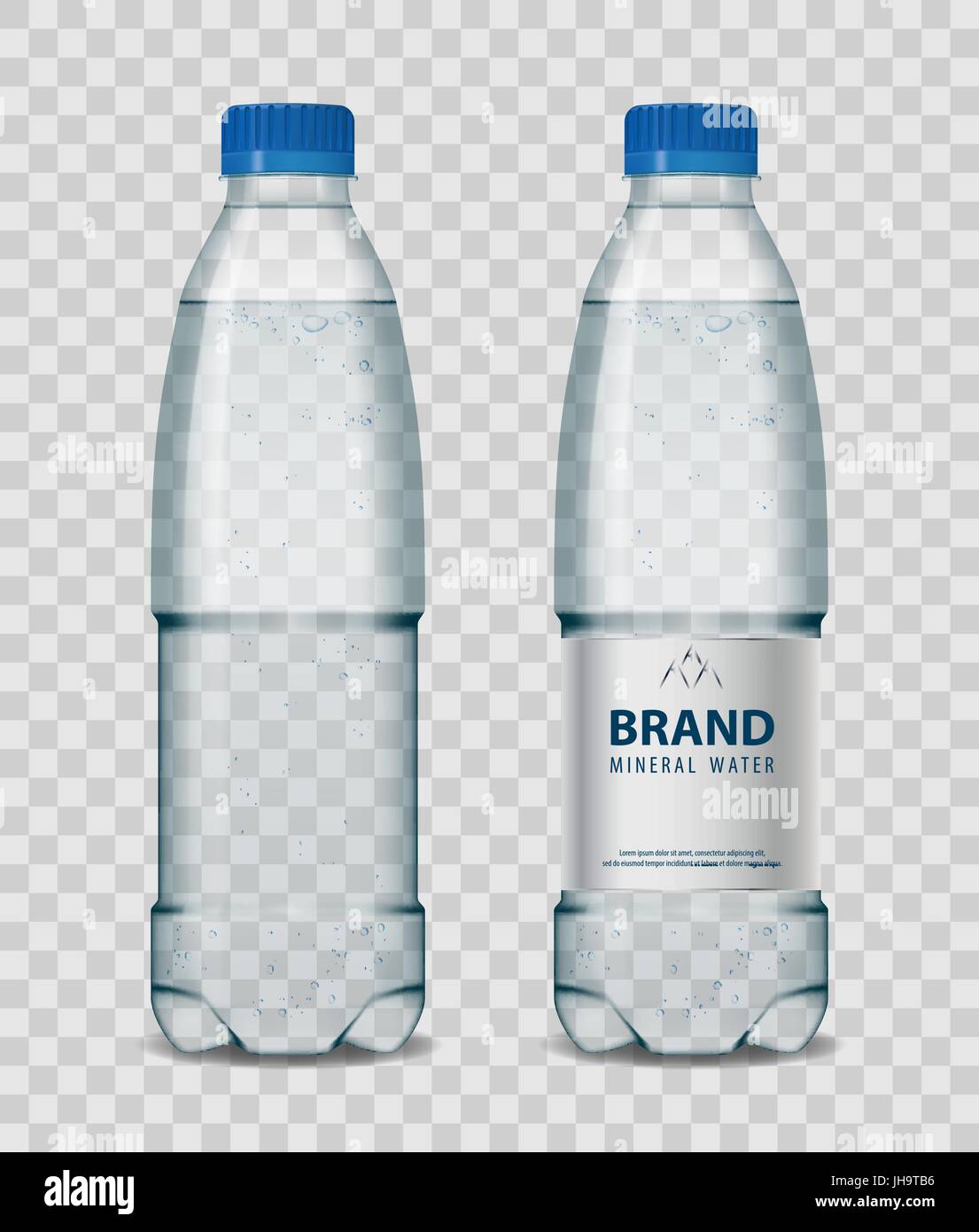 La bottiglia di plastica con acqua minerale con tappo blu su sfondo trasparente. Bottiglia realistica mockup illustrazione vettoriale. Illustrazione Vettoriale