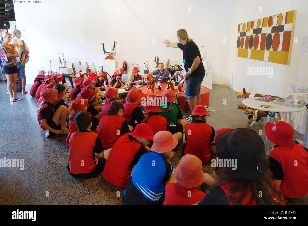 Cairns, Australia. Il 14 luglio 2017. La folla la floccatura in questo esercizio di Cairns Arte autoctona Fiera, che presenta il lavoro di artisti e gruppi provenienti da Nord Queensland e Cape York Peninsula. Qui locale scolari imparare circa le opere prodotte dalla comunità Aurukun. Credito: Suzanne lunghe/Alamy Live News Foto Stock