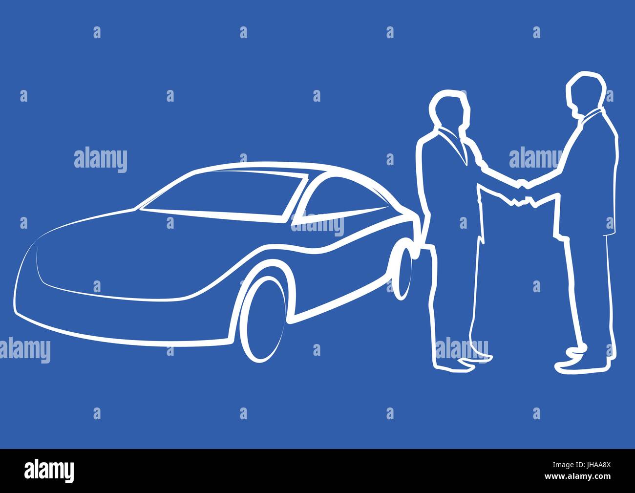 Due imprenditori stringono le mani di fronte a un auto - illustrazione , vettore Foto Stock