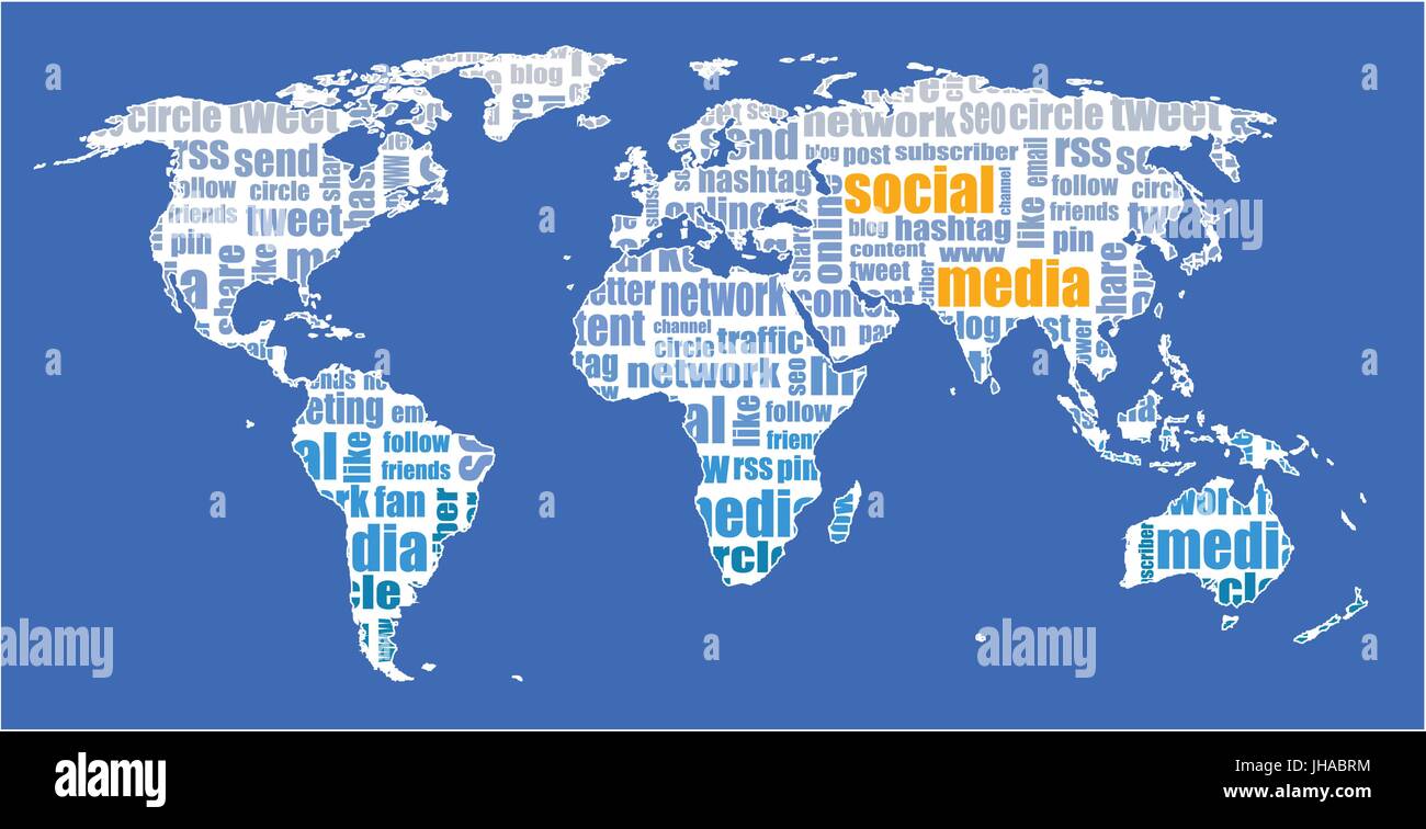 Social media tagcloud / mappa del mondo illustrazione Foto Stock
