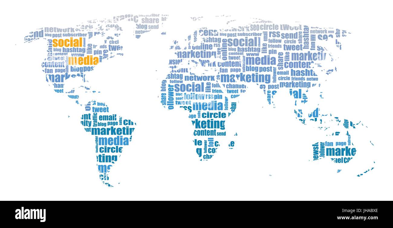 Social media tagcloud / mappa del mondo illustrazione Foto Stock