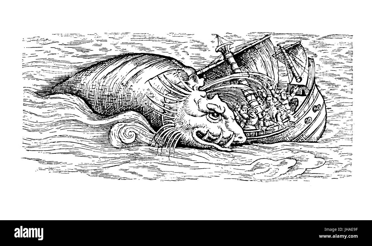 Il mostro marino, sputtering balena attacca sailship, incisione medievale, anno 1598 Foto Stock