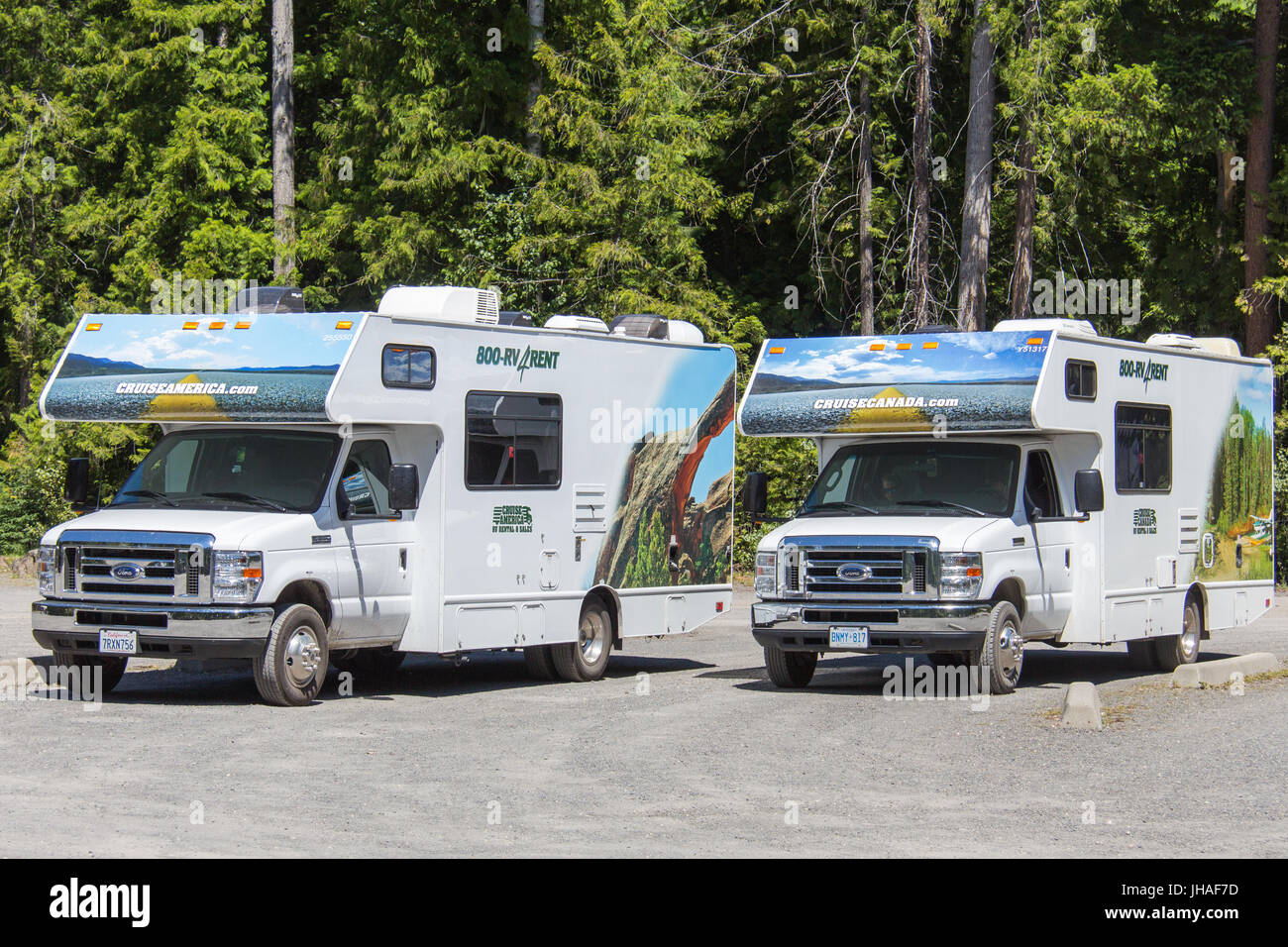 Noleggio di RV da Cruise America e Cruise Canada parcheggiato a fianco di ogni altro nel Grey Parco Provinciale, British Columbia, Canada Foto Stock
