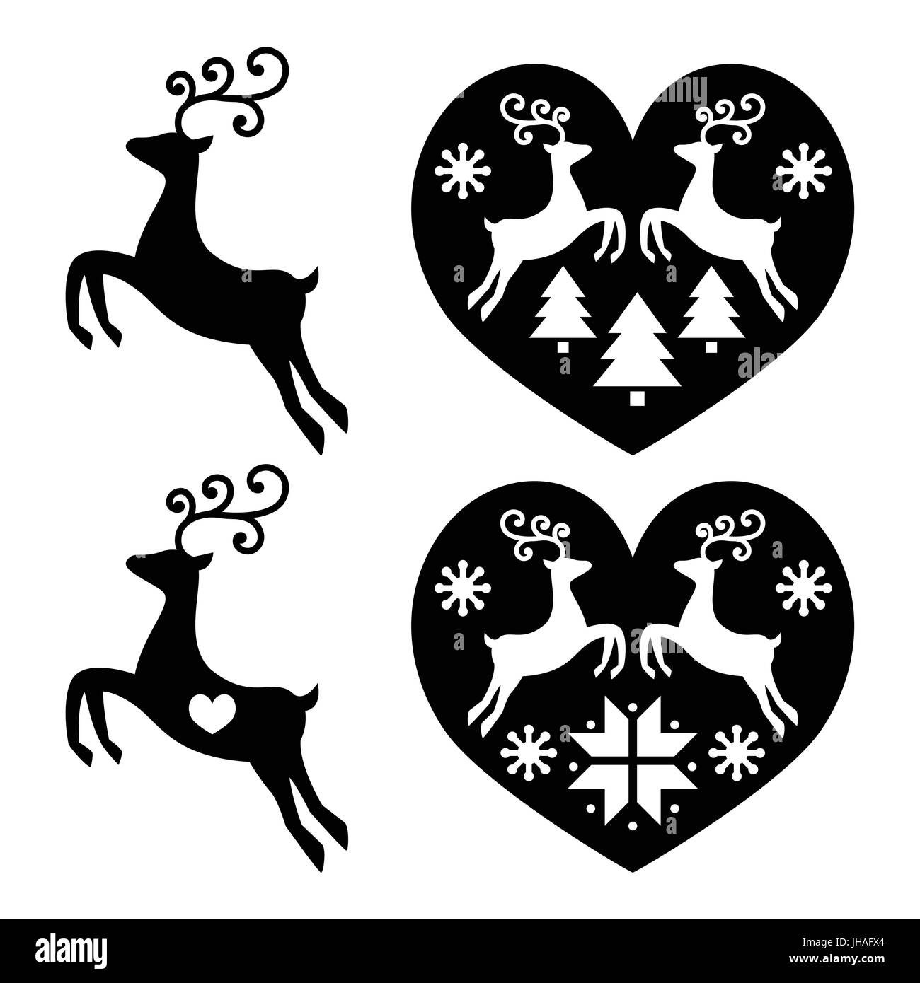 La renna, cervi jumping, Natale icone set di icone vettoriali set di natale renne nero isolato su bianco Illustrazione Vettoriale