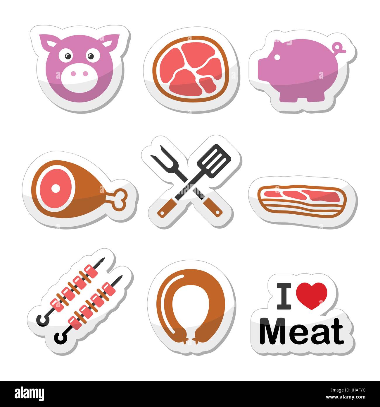 Maiale, carne di maiale - prosciutto e pancetta etichette set di icone colorate vettore alimentare set di icone - carne di maiale isolato su bianco Illustrazione Vettoriale