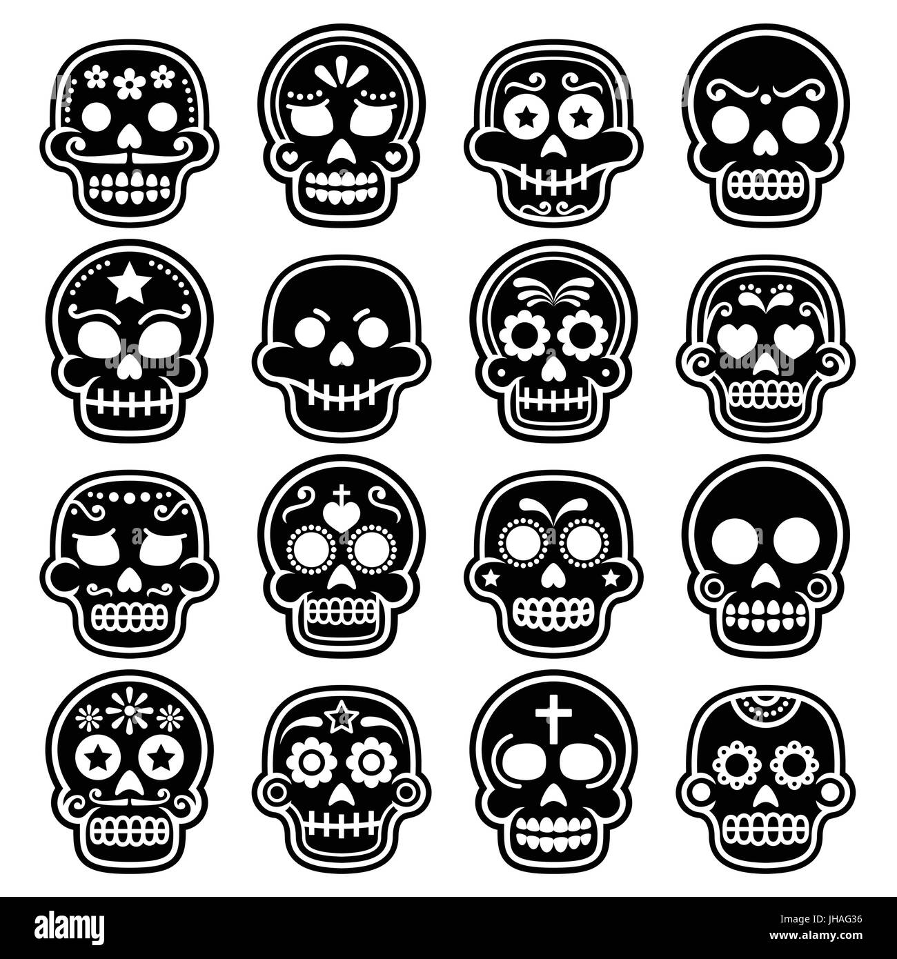 Halloween, zucchero messicano cranio, Dia de los Muertos - cartoon icone vettoriali set di icone del cranio decorato isolato su bianco - concetto di morte Illustrazione Vettoriale